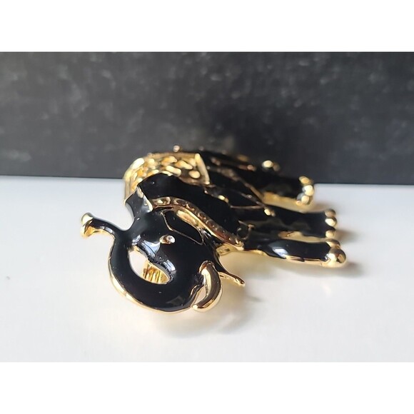 Elephant Shaped Black Enamel Rhinestone Eye Gold Tone Brooch Vintage - Picture 4 of 10